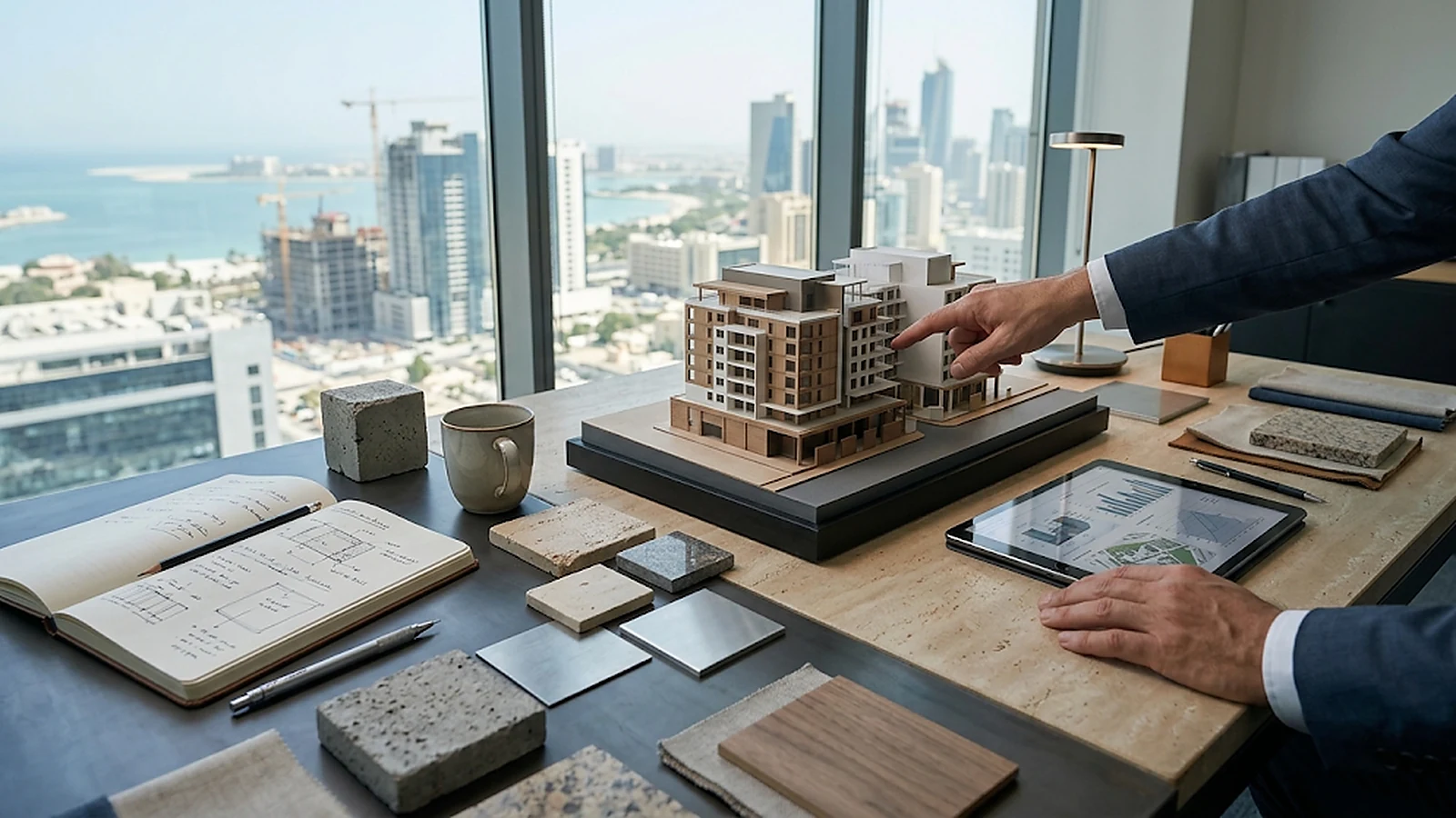 Architectural model and decision materials being reviewed beside a city view