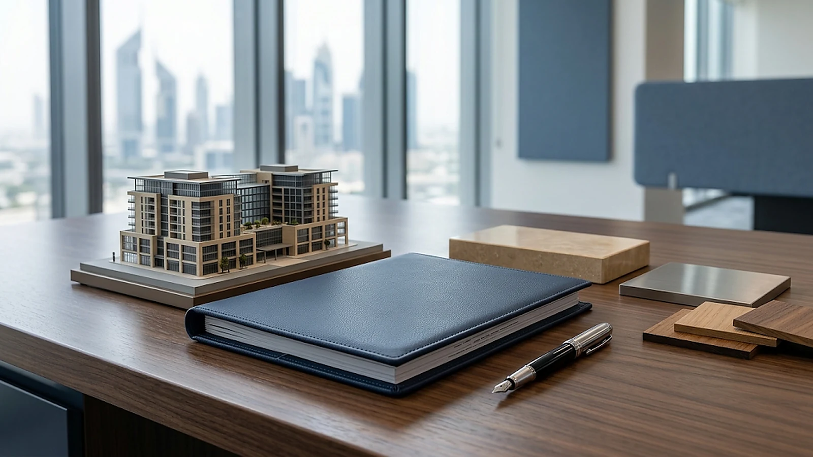 Professional agreement folder and architectural materials on an advisory desk