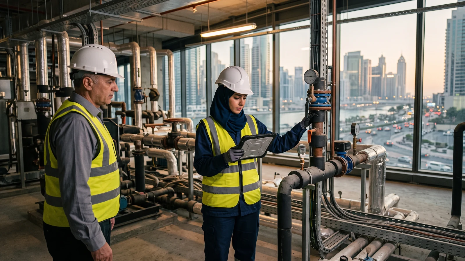 Technical advisers inspecting a complex building-services interface