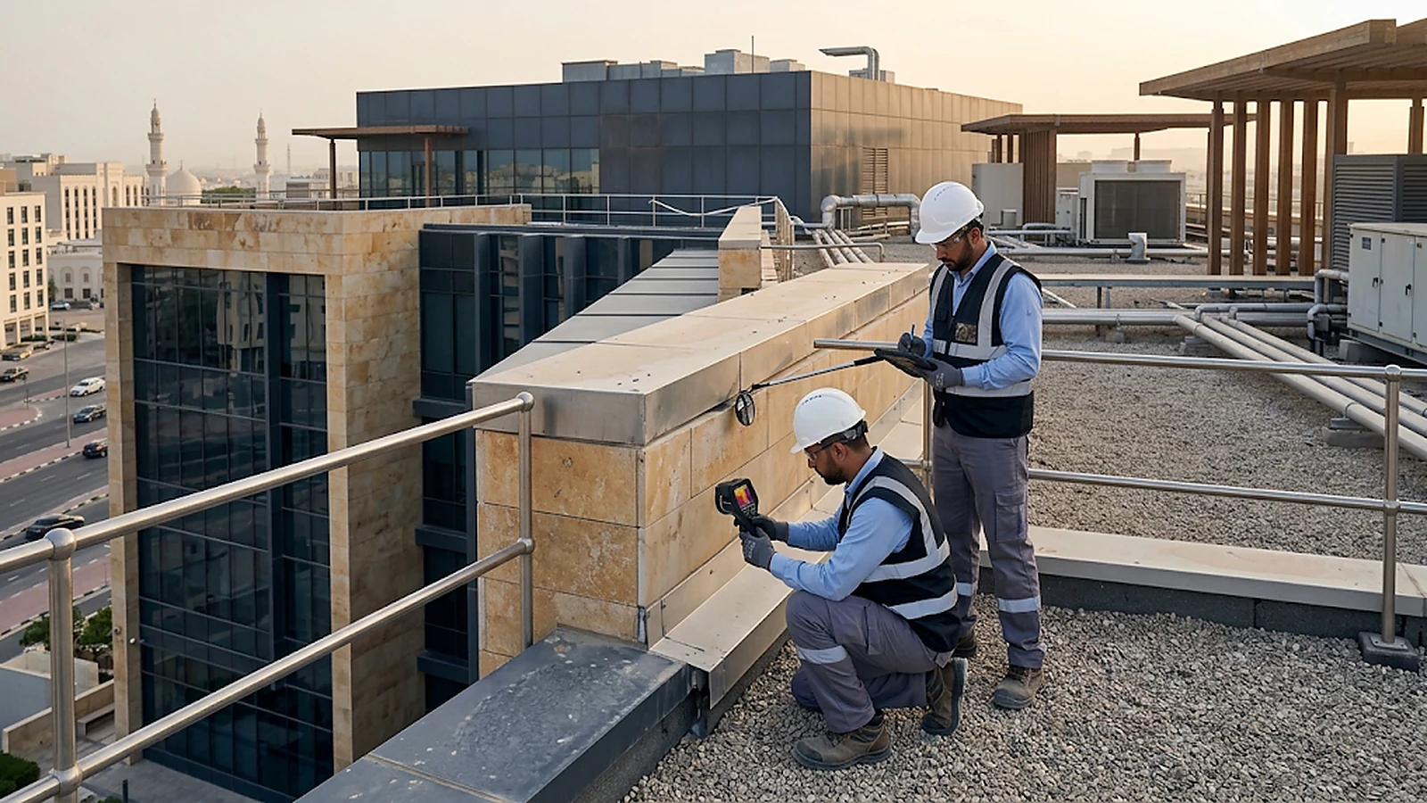 Building-envelope specialists assessing facade and roof condition safely