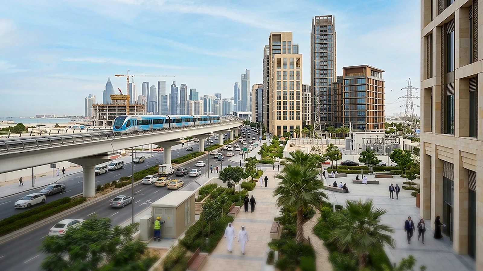 Contemporary Gulf skyline and transit-led public realm with a natural depth-of-field focus