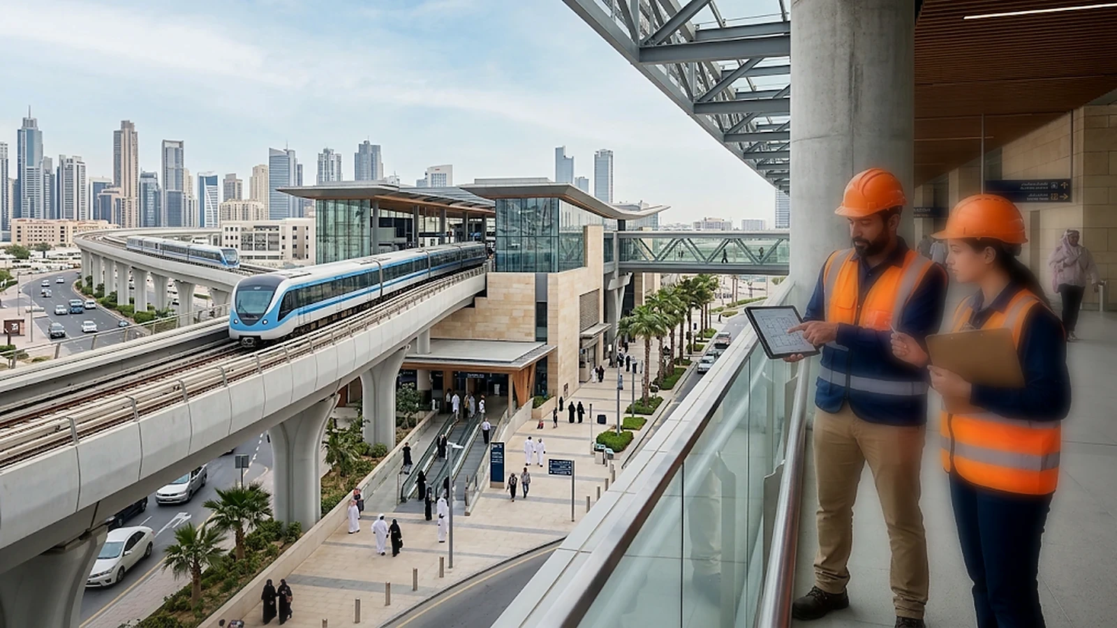 Modern metro interchange with the foreground inspection team softened by natural depth of field