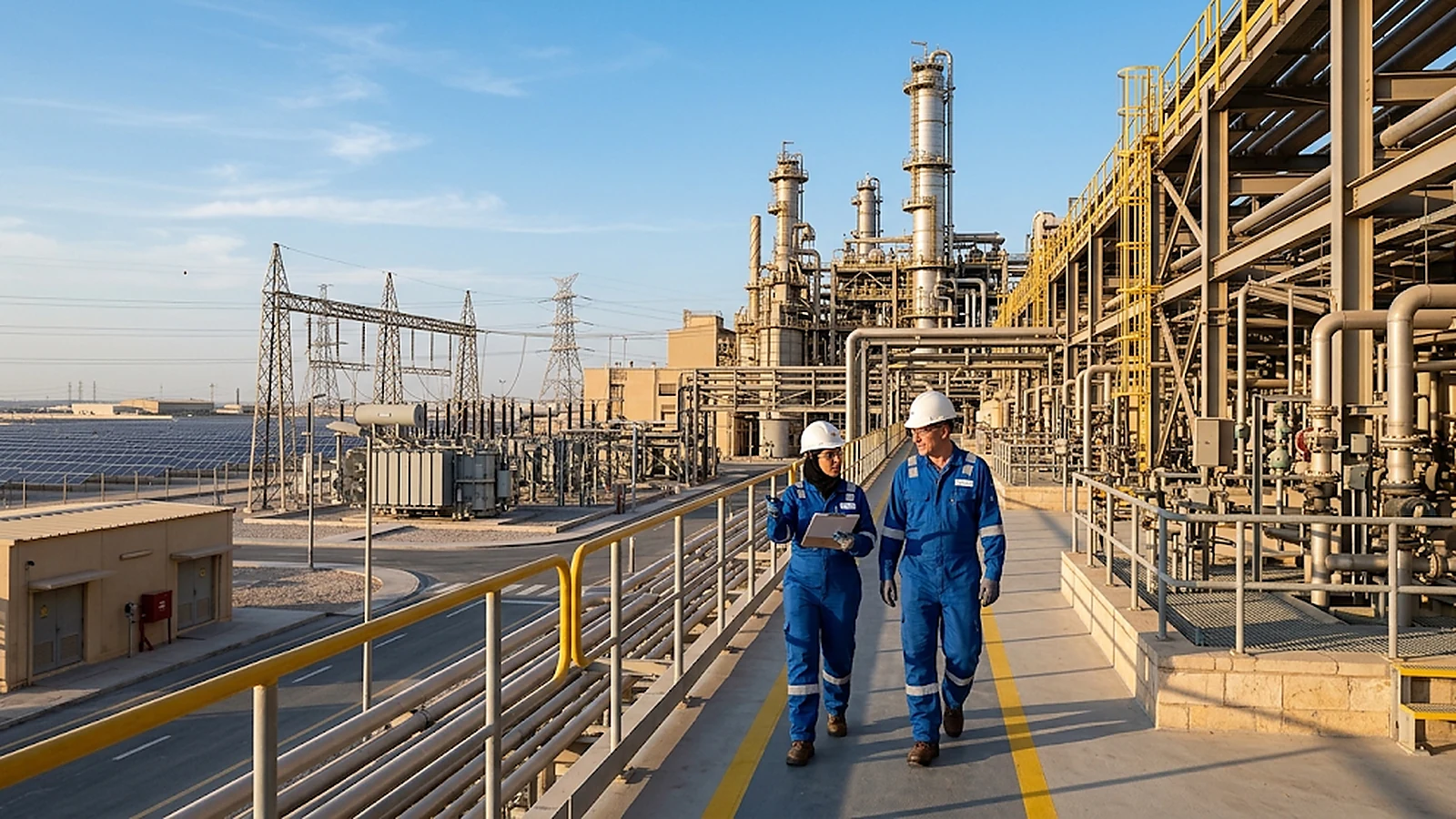 Engineers reviewing readiness at a modern Gulf energy complex