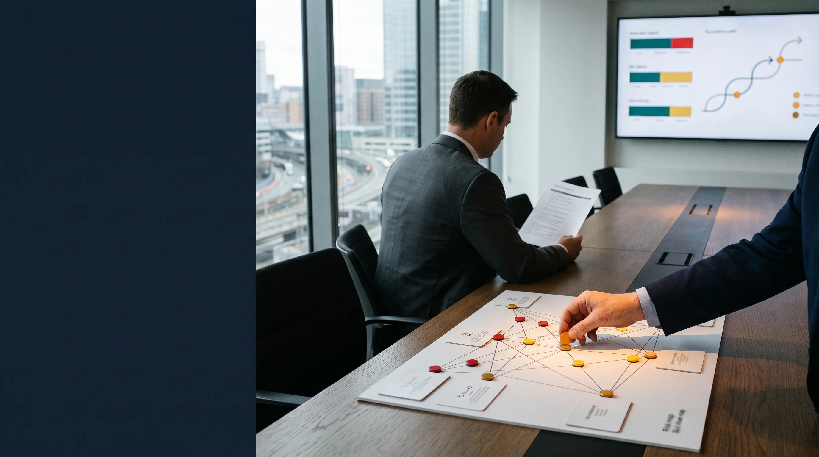 Risk adviser moving an amber marker across a connected enterprise risk map in a governance room